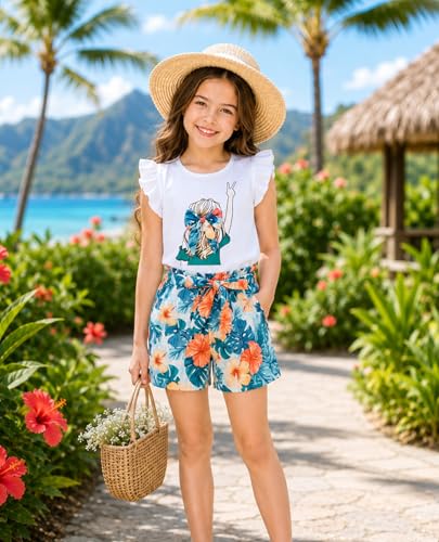 Image of Girls Summer Outfits Cute Sleeveless Top High Waisted Short Sets with Pockets Teen Girl Clothes Size 6-14 T