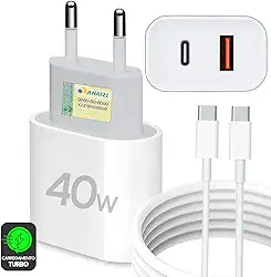 Kit Carregador Super Turbo 40W Porta Dupla (USB-C + USB-A) + Cabo USB Tipo-C, Compatível com Todos Dispositivos, Celulares Samsung, Motorola, iPhone 15/16, Tablets, Notebooks - Android e IOS