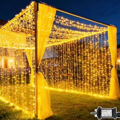Cozymeow 6m x 3m Curtain Lights Mains Powered 600 LED Fairy Lights Outdoor Garden Decorations, 8 Modes Connectable Waterfall Lights for Wedding Backdrop, Gazebo, Pergola, Party, Bedroom Wall Decor