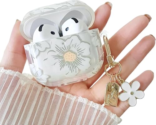 Compatible with AirPods 4 Clear Case Floral Design with Keychain Soft TPU Protective Shockproof Case for AirPods 4 for Girls Women (White)