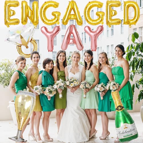 Image of Gold Engagement Party Decorations, Engaged Yay Balloons Letters Banner, Diamond Ring Green Champagne Bottle Balloon Glass Foil Balloon for Bachelorette Engagement Wedding Bridal Shower Party Supplies