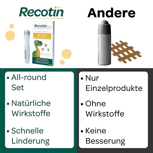 RECOTIN 30x Mückenpflaster + 15ml Roll On Set - 100% natürliche Wirkstoffe - pflegt & kühlt - Insektenstichheiler Set - Urlaub Must Haves - Pflaster gegen Mückenstiche und Bienen