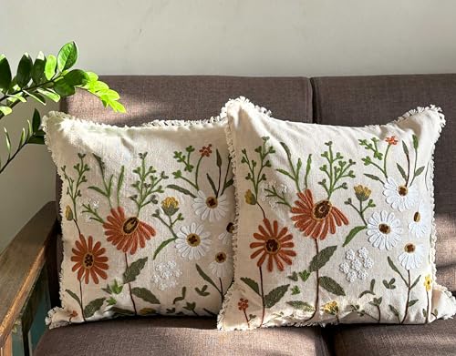 Image of Cotton Decorative Embroidered Cushion Covers | 16 x 16 inches | Premium Cushion Cover with Crewel Embroidery | Floral | Multicolour, Set of 2, for Couch, Sofa, Bed, 350 TC