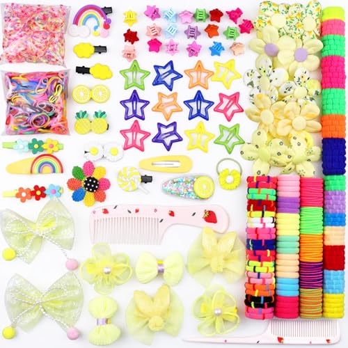 Image of 818 Pcs Toddler Girls Hair Accessories - Colorful Baby Girls Elastic Ties, Soft Rubber Bands,Flower Clips, Star Barrettes,Matte Claws,Combs- Yellow Assorted Supplies for Little One 3-8 with gift box