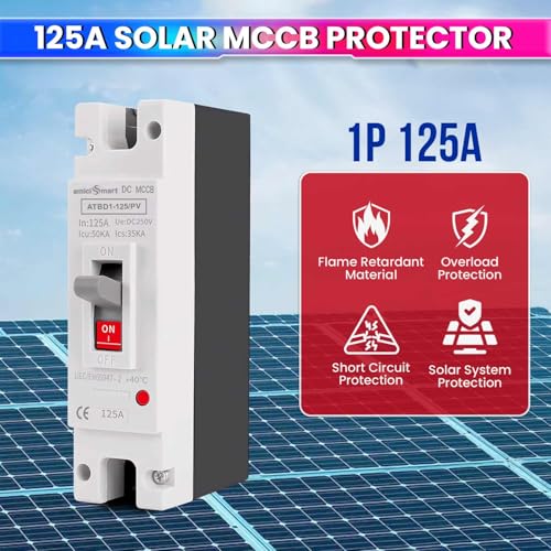 Image of amiciSmart Solar Molded Case DC Circuit Breaker MCCB 125A 1P | 250V /600V DC Overload & Short Circuit Protection Switch | High 50kA Icu Capacity for Photovoltaic PV & DC Power Systems