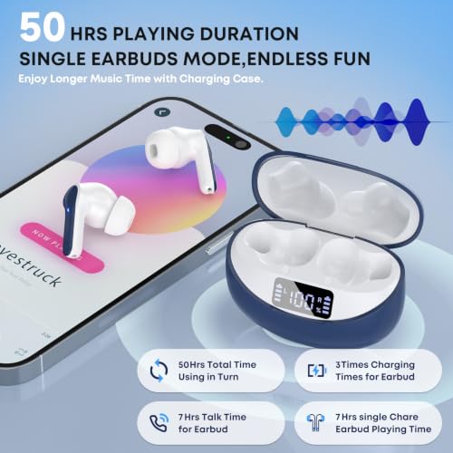 Image of Wireless Earbuds Bluetooth 5.4 Headphones, Noise Cancelling Mic Ear Buds with 50H Playback, LED Digital Display, IPX7 Waterproof Earphones for Office /Running /Workout(Blue)