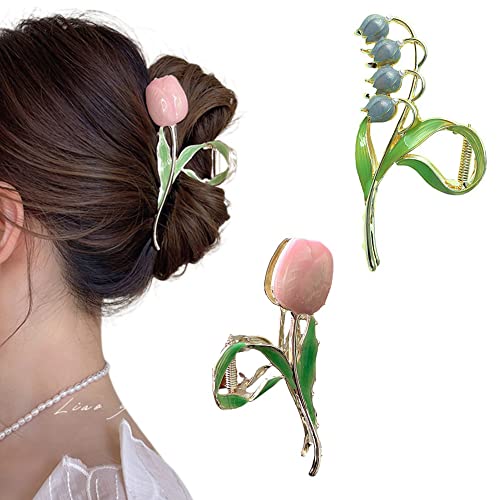 Jieliangli 2 Pcs Set Flower Metal Claw Clips - Large Vintage Tulip Hair Clips for Women & Girls, gold, 1 count (Pack of 2)