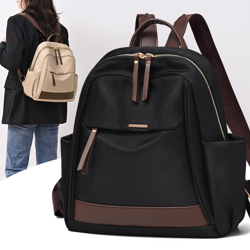 Fashion Backpack with Brown Trim, Water-Resistant Nylon, Multiple Compartments, Backpack, versatile travel backpack (Black)2