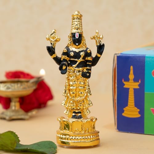 Image of Ekhasa 24K Gold Plated Tirupati Balaji Venkateshwara Idol with Gift Box | Resin Perumal Statue for Table Pooja Room Home Decor Office Desk | Religious Housewarming Griha Pravesh Gift