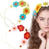 Jaczora 2 PACK Flower Crochet Headbands for Women, Hippie Hair Bandanas Headbands for Girls, Knitted Hair Bands Floral Head Wraps