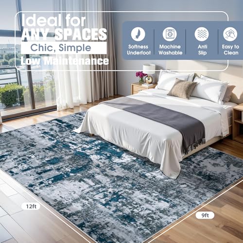9x12 Area Rugs for Living Room Rug Washable: Abstract Large Rug for Dining Room Bedroom Carpet Non Slip 9 by 12 Indoor Modern Nursery Home Office Navy Grey