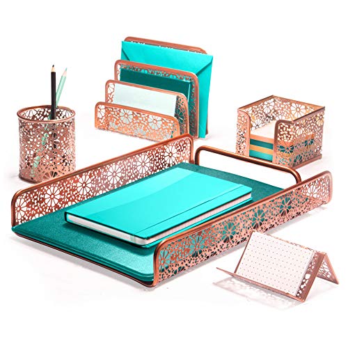 Hudstill Rose Gold Cute Desk Organizer Set for Women and Girls in Pretty Design with 5 Office Supplies Accessories : File Tray, Mail Sorter, Pen Cup, Holders for Sticky Notes, Business Cards or Phones