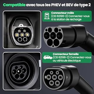 GONEO Câble de Recharge Type 2 22KW 7M 32A Voiture Électrique Triphasé Type 2 à Type 2 EV/PHEV Câble avec Sac de Transport Compatible 3/S/X/Y/e-208/ID.5/E-Tron/IONIQ 5/ Zoe/e-Golf