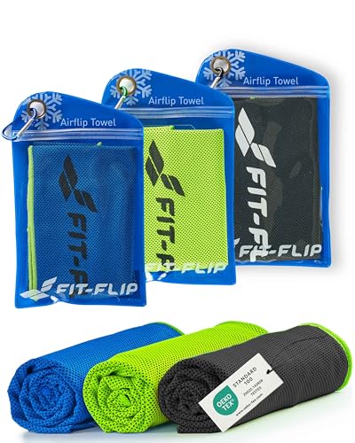 Fit-Flip Kühltuch 3er Set – kühlendes Handtuch Fitness und Sport – mikrofaser kühlhandtuch – Airflip kühltücher – cool Ice Towel (schwarz-grün/grün/dunkel blau-grün, 100x30cm)