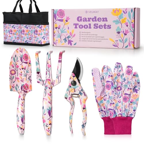Velway Gartenwerkzeug Set 5-TLG – Mamas Geschenk mit Tasche & Handschuhen, Gartengeräte mit Blumenmuster, ideales Gartengeschenk für Damen, Muttertag, Geburtstag, Weihnachten