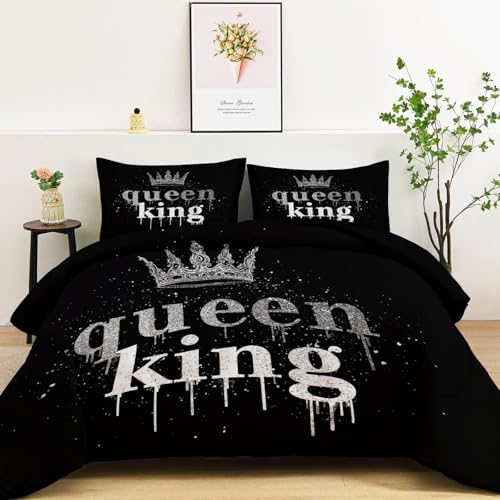 Genérico Edredón Reversible sin Funda 200 x 200 cm, Edredón Moderno Minimalista Corona Reina Transpirable y Supersuave Lavable a Máquina para Las 4 Estaciones con 2 Fundas de Almohada, Negro