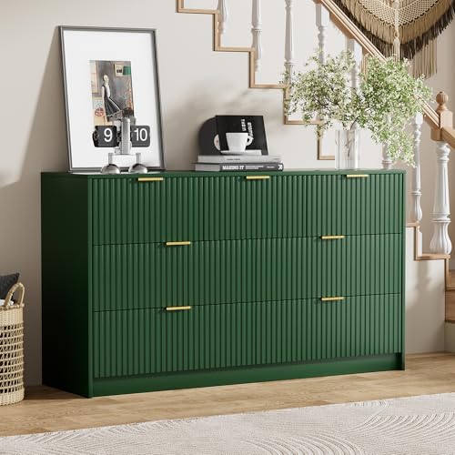 Image of Furniway Green Dresser for Bedroom, Modern Dresser with 7 Drawers and Smooth Slides, Wide Chest of Drawers with Golden Handles for Bedroom, Living Room, Closet, 15.7 inch D x 55.1 inch W x 31.4 inch H