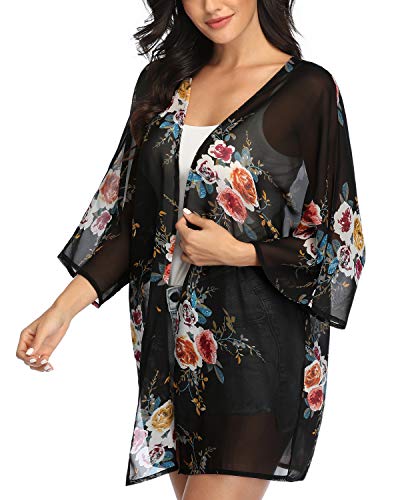 Cardigã feminino de chiffon com estampa floral Kimonos solto meia manga xale blusas casuais para pra