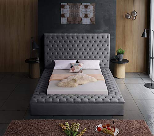 Meridian Furniture BlissGray-K Bliss Collection Modern | Contemporary Velvet Upholstered Bed with Deep Button Tufting and Storage Compartments in Rails and Footboard, Gray, King
