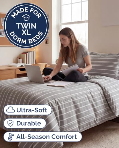 Image of Duvet Cover Queen Size Set - Extra Soft Queen Duvet Cover 90 inch x 90 inch with 2 Pillow Shams for Women, Men, Kids & Teens - Hotel Luxury w / Zipper Closures & Ties - Comfy, Cozy & Breathable (Beige Stripes)