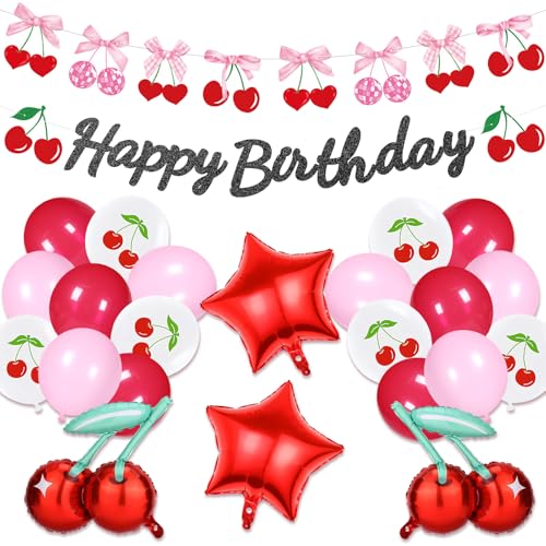 Cherry Birthday Party Decorations - Cherries Fruit Banner Cherry Balloons for Birthday Decorations Happy 1st 2nd Party Supplies for Girls