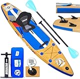 Stand Up Paddle Board Aufblasbar, SUP Board Set in Holzoptik, inkl. Kajaksitz, Kamera Halterung, Integriertem Kickpad, verstellbarem Doppelpaddel, 3 Finnen, komplettes Zubehör, Tragkraft bis 150 kg,