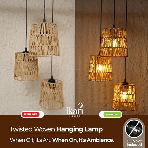 Image of Ikari Homes Rattan Chandelier 3 in1 Pendant Light, Natural Beige, Boho Style, E27 Base, Chandelier for living Room I Dining I Bedroom I Balcony I Adjustable Wire - (Bulbs not included) (Taper Zig Zag)