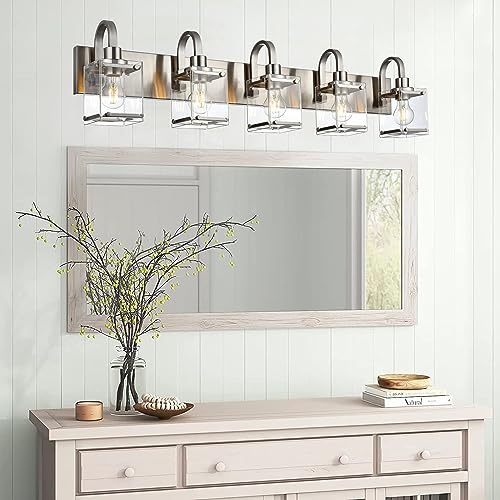 Image of Bathroom Vanity Light 5-Light Wall Sconce Lighting Modern Wall Light with Clear Glass Shade Modern Brushed Nickel Wall Lamp Mounted Lights Over Mirror for Living Room, Bedroom, Hallway