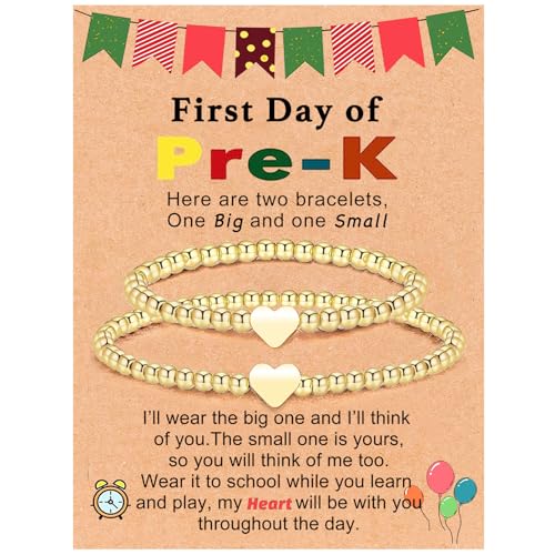 Image of 2Pcs First Day of Kindergarten Preschool Bracelets for Mommy and Me, Matching Heart Beaded Bracelets for Mother Daughter