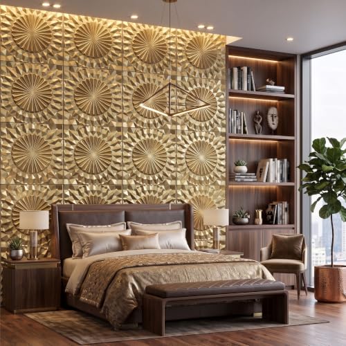 Image of Kayra Decor 3D PVC Wall Panels for Bedroom & Living Room | Mandala Design | Champagne Gold Color | 19.7 x 19.7 Inch | Pack of 12 | 32.28 Sq Ft