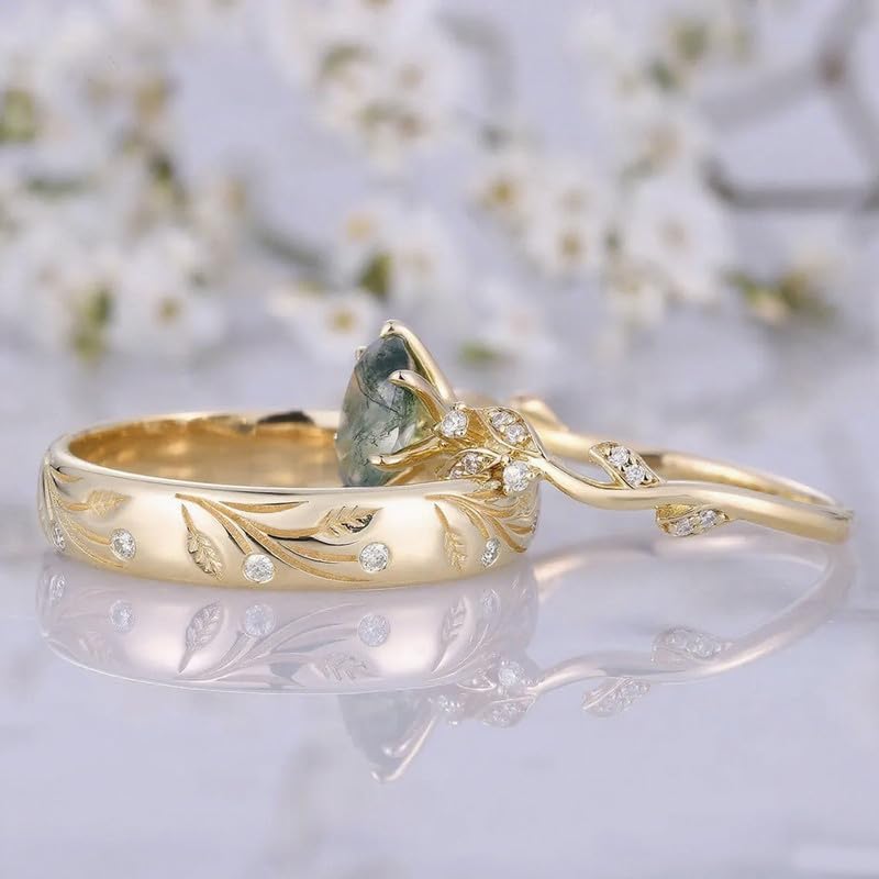 10K 14K 18K Gold Custom Natural Moss Agate Couple Rings 2PCS/3PCS Moss Agate Wedding Promise Ring Sets for Him and Her Couple Size 3-16 - Image 3