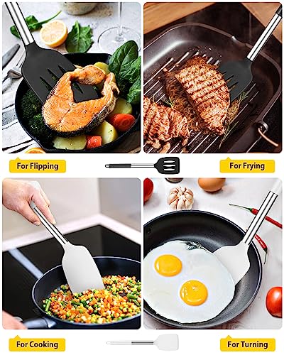 Image of Pack of 2 Silicone Solid Turner,Non Stick Slotted Kitchen Spatulas,High Heat Resistant BPA Free Cooking Utensils,Ideal Cookware for Fish,Eggs,Pancakes(Black+White)