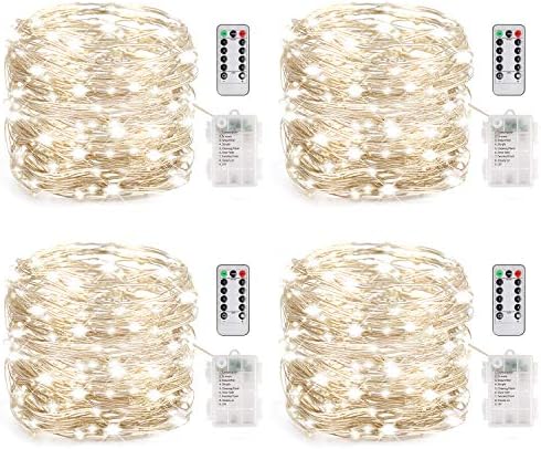 LEDIKON 4 Pack Waterproof LED Fairy Lights Battery Powered,Daylight White,33ft 100 LED Dimmable Outdoor Patio Lights,Fairy String Lights with Remote and Timer for Christmas,Gardern,Party Decor