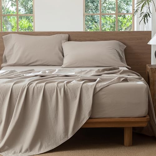 Image of MooMee Bedding Sheet Set 100% Washed Cotton Linen Like Textured Breathable Durable Soft Comfy (Heathered Cream Grey, Full)