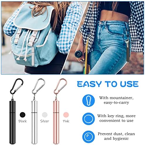 3Packs Stainless Steel Straws Reusable Telescopic Straws 22.5cm Portable Metal Drinking Straws Collapsible Straws with 3 Telescopic Cleaning Brush and Key Ring Case for Travel Home Office(3 Colors)