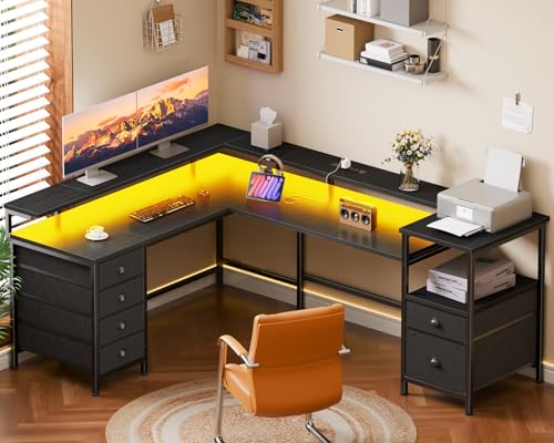 Image of Furologee 66 inch Reversible L Shaped Gaming Desk with 6 Drawers & Printer Storage Shelves, Corner Computer Desk with Power Outlets & LED Lights, Home Office Table with Monitor Stand, Black