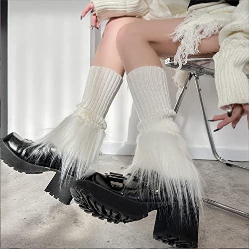 Image of Suxgumoe Women's Leg Warmers, Y2K Knit Knee High Socks, Faux Fur Fuzzy Long Winter Boot Cuffs Cover