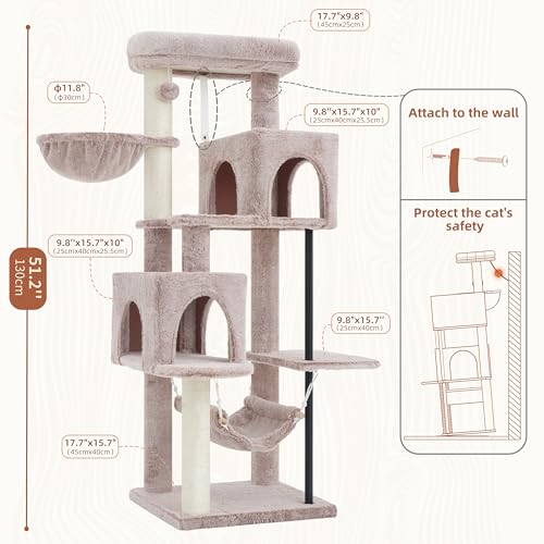 Image of Gitelsnour Cat Tree Tower with Sturdy Steel Tube for Indoor Cats GCT014MU | 51.2'' Cat Furniture with Scratching Posts, Hammock, Basket and Padding Top Platform for Inoor Cats Large Adult, Mushroom
