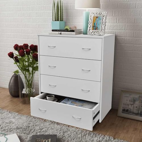 Mokuyary Cómoda con 4 cajones, 60 × 30,5 × 71 cm, color blanco, cajonera con cajones, armario de almacenamiento para armario, para pasillo, dormitorio, salón y oficina