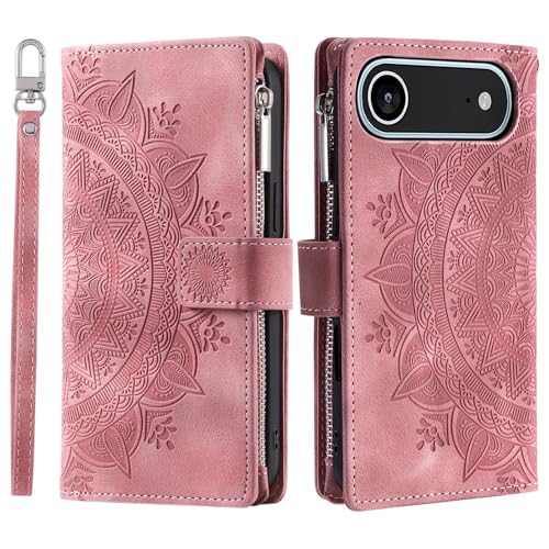 Étui portefeuille iPhone Air rose en cuir à rabat avec porte-cartes et fermeture éclair