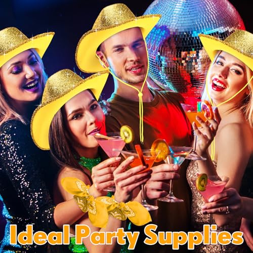 Image of Coume 12 Pcs Sparkly Adults Cowboy Hat and Bandanas Women Men Western Glitter Cowgirl Party Hats with Adjustable Drawstring