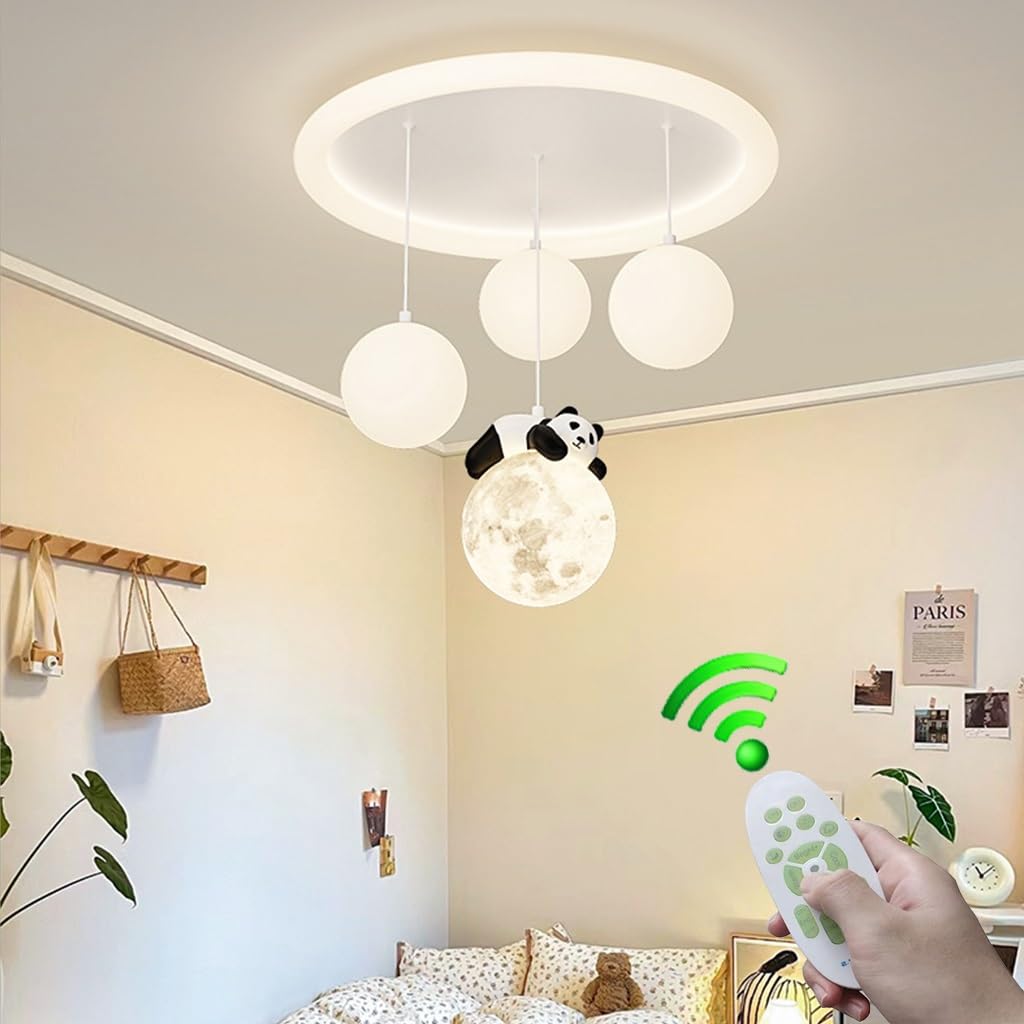 Stesulfr Children's room lamp cartoon panda LED ceiling lamp white metal ceiling Light 3 ball bedroom chandelier dimmable simple lighting cloakroom baby room kitchen bedroom lamp(D Style)