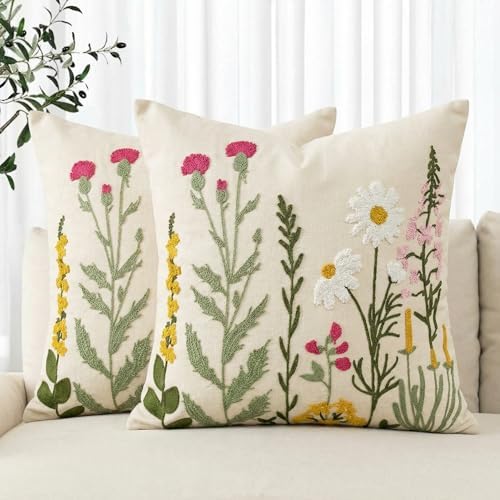 AVOIN colorlife Spring Summer Floral Daisy Embroidered Throw Pill...