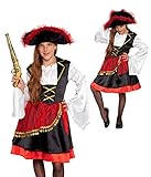 PIRATIN AHOI! Mit diesem hübschen Piraten Kostüm für Mädchen in schwarz, weiß und rot schlüpft ihr Kind in die Rolle einer tollkühnen Seeräuberin. Perfekt ausgestattet für große Abenteuer bei der nächsten Piraten Kindereburtstag, an Fasching oder Karneval
