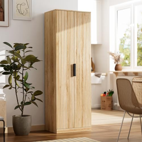 Image of VINGLI 70 inch Modern Pantry Cabinet with Fluted Doors, 5 Adjustable Shelves, Tall Storage Solution for Kitchen, Dining Room, or Living Room, Oak