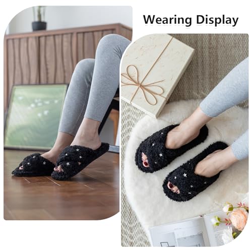 Image of GOEWY Fuzzy Open Toe Slippers for Women Cozy Memory Foam House Shoes Indoor