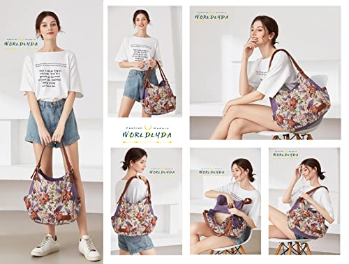 Image of Worldlyda Women Canvas Hobo Purse Multi Pocket Tote Shopper Shoulder Bag Casual Top Handle handbag with Embroidery Ethnic