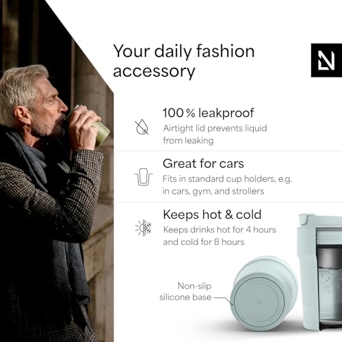 Image of LARS NYSOM Thermo Coffee Mug to go 13oz | Travel Mug 0.38 Liter with Insulation | Silicone grip base | Leak Proof Stainless Steel Tumbler for Coffee and Tea on the Go (Powder Misty Blue, 13oz)