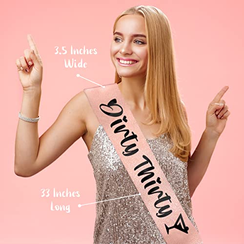 PartyForever Rose Gold 30th Birthday Sash with Dirty Thirty Black Letters 32 inch Long Dirty 30 Thimed Birthday Decorations Sash2