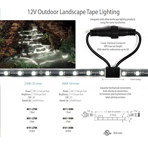 Wac Landscape Lighting, Led 12Vdc Indoor And Outdoor Ip68 Submersible Strip Light 2W Per Foot 2700K 5Ft Length #TOP2